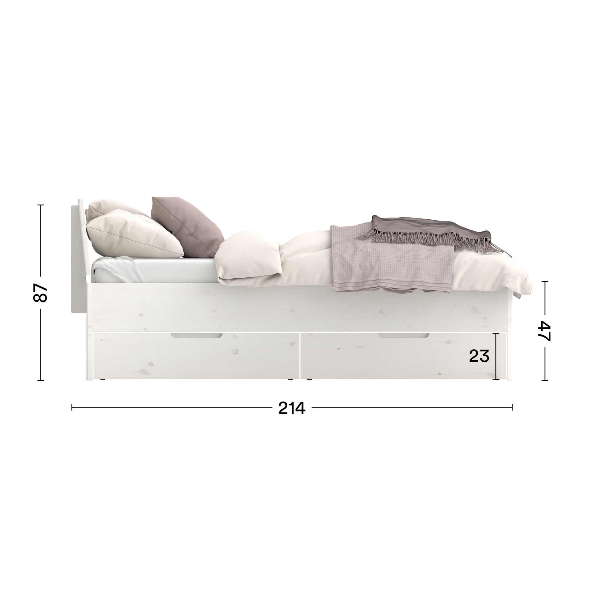 Maße von Öko Bett mit Komforthöhe nachhaltig lasiert in weiß