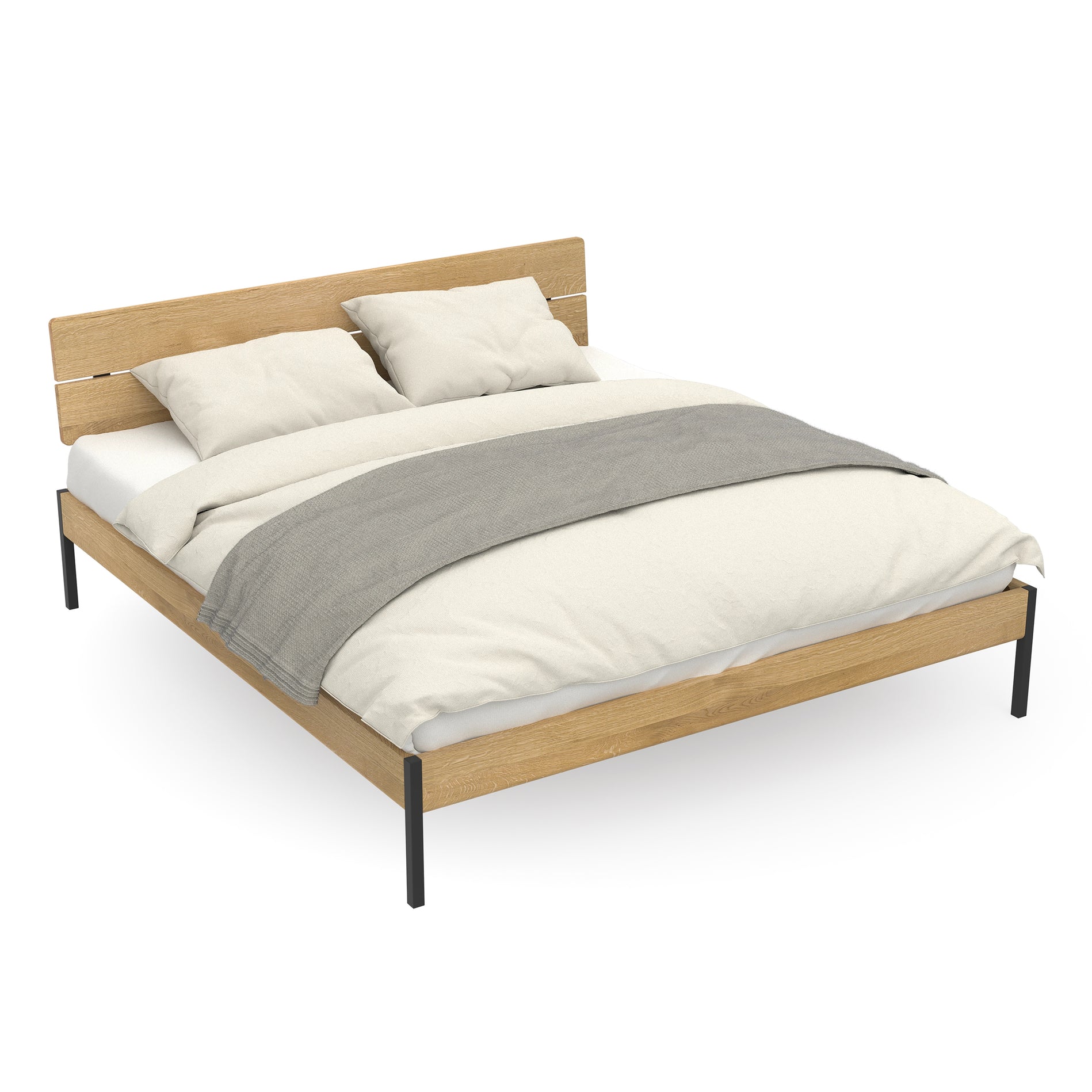 minimalistisches Futonbett Luna Comfort mit Kopflehne aus handverlesener Eiche und pulverbeschichtetem Stahl