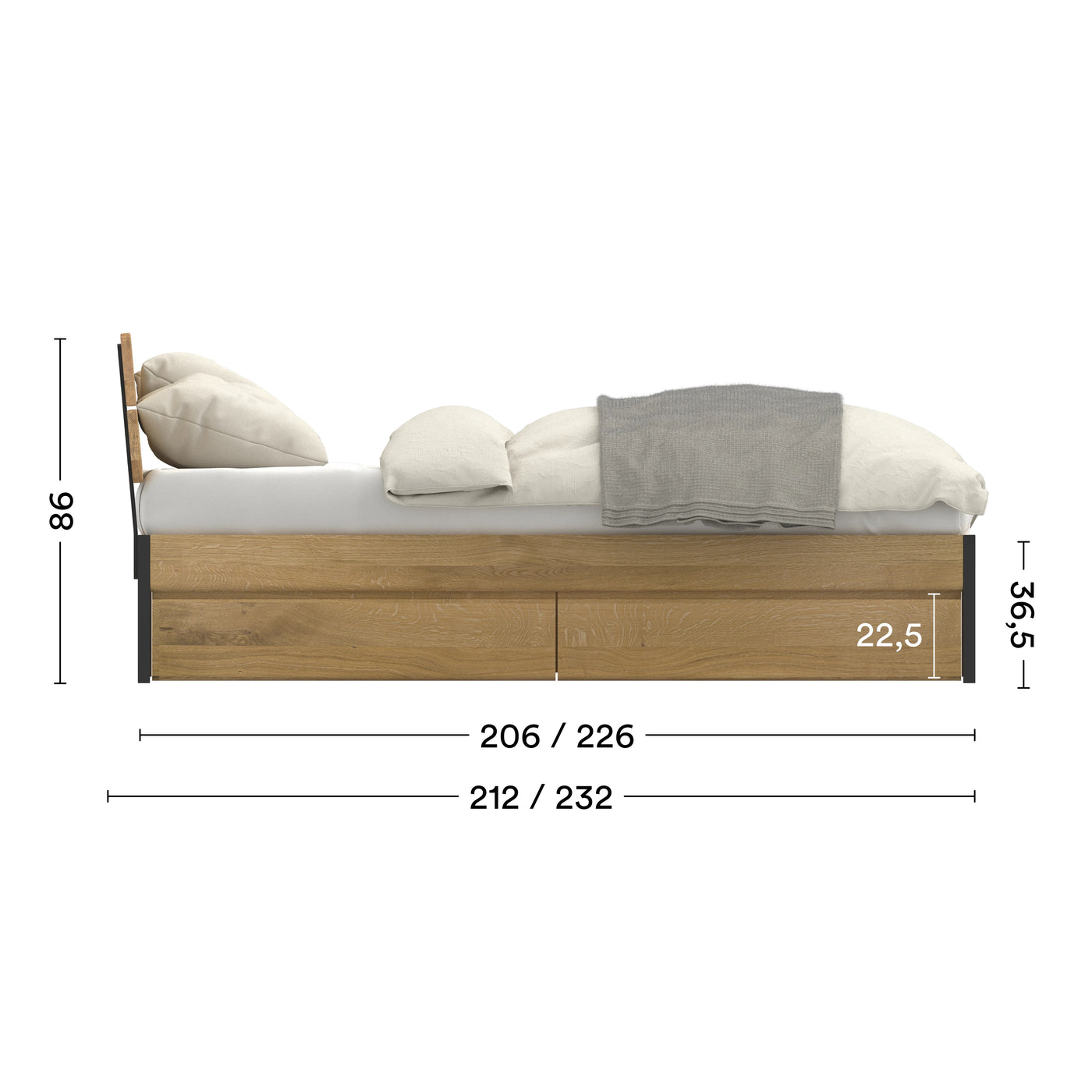 hohe Schubkästen und Lehne im Bett Luna aus zertifiziertem Echtholz und heller Ölung versiegelt