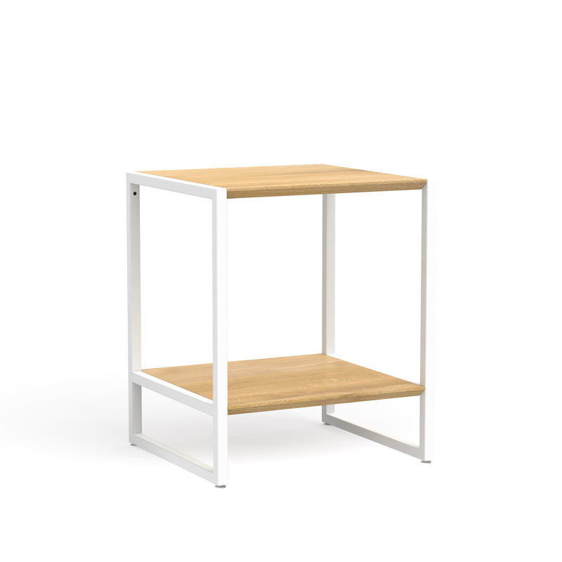 Ökologischer Nachttisch aus weißem Metall und massiver Eiche