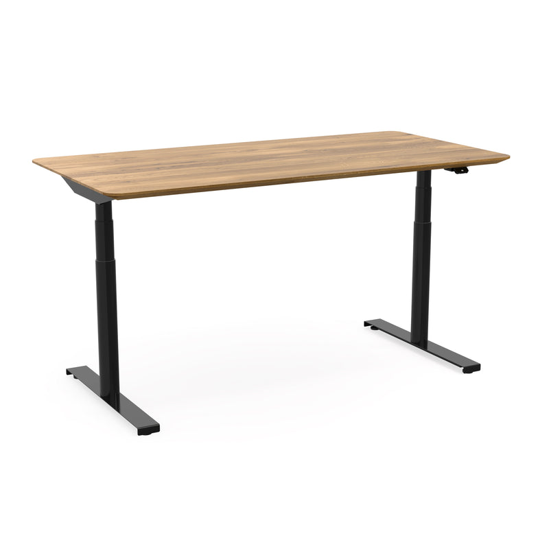 Puristischer ergonomischer höhenverstellbarer Schreibtisch Levi schwarzes Gestell mit einzigartiger Vollholz Tischplatte  aus biologisch geölter Wildeiche