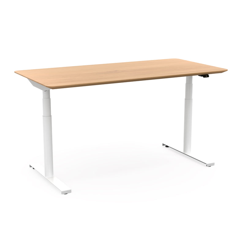 Höhenverstellbarer Schreibtisch in weiß mit Tischplatte aus Buche