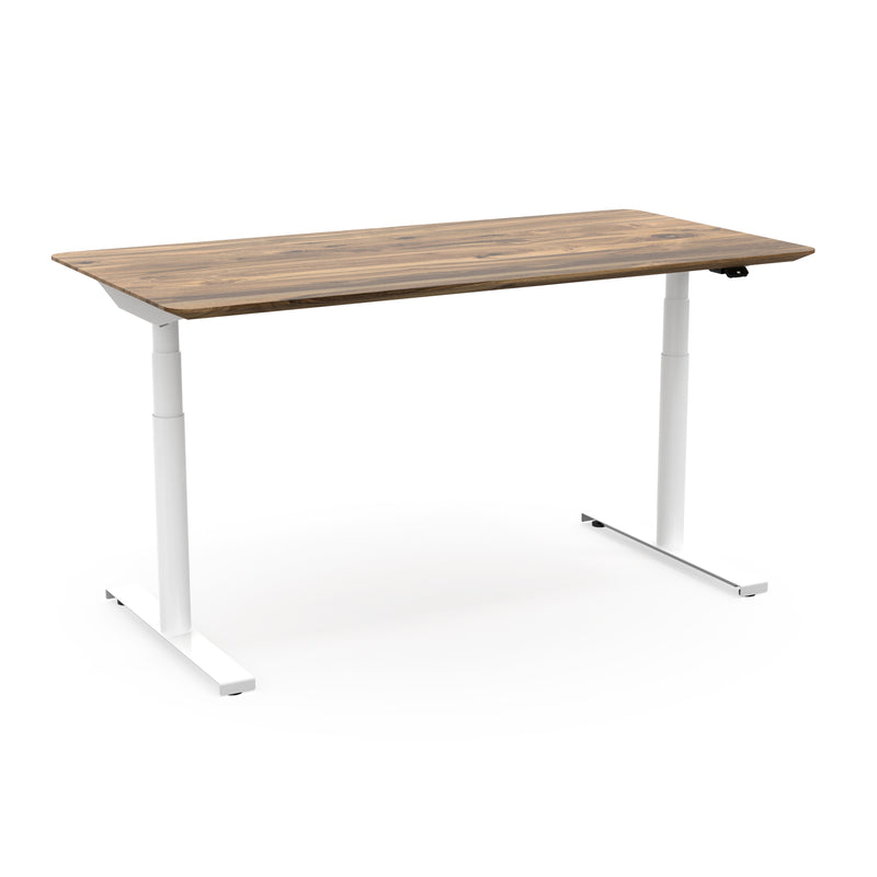 Höhenverstellbarer Schreibtisch in weiß mit Tischplatte aus Nussbaum