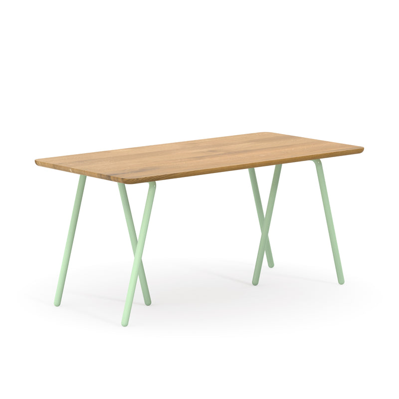 Ökomöbel puristischer Schreibtischbock Libra Pistacchio mit solider Holztischplatte Eiche Maßanfertigung