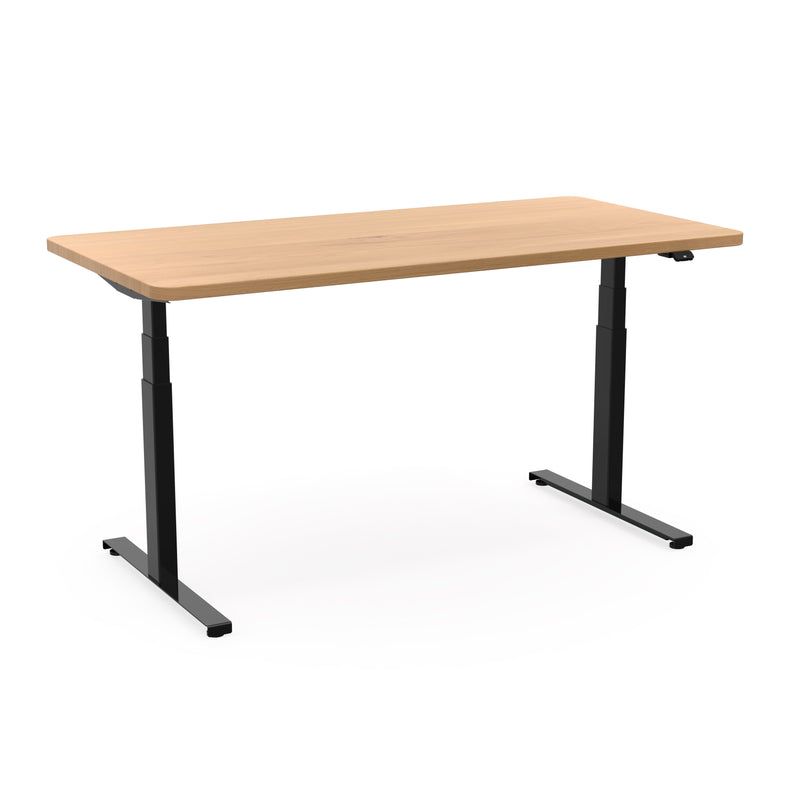 Ergonomischer Schreibtisch mit schwarzen Metallbeinen und flexibler Höhenverstellung, kombiniert mit einer zeitlosen Buche Massivholzplatte