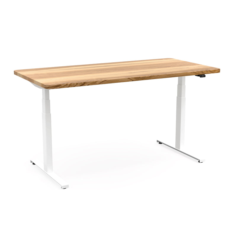 Höhenverstellbarer Schreibtisch in weiß mit Tischplatte aus Esche
