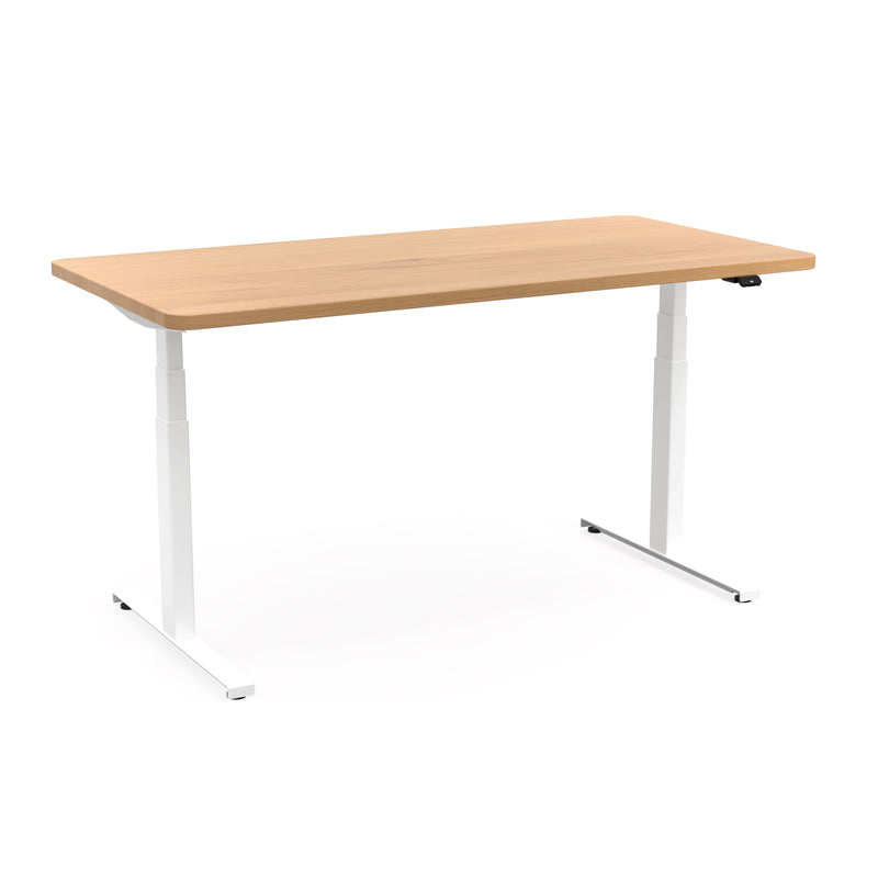 Höhenverstellbarer Schreibtisch eckig in weiß mit Tischplatte aus Buche