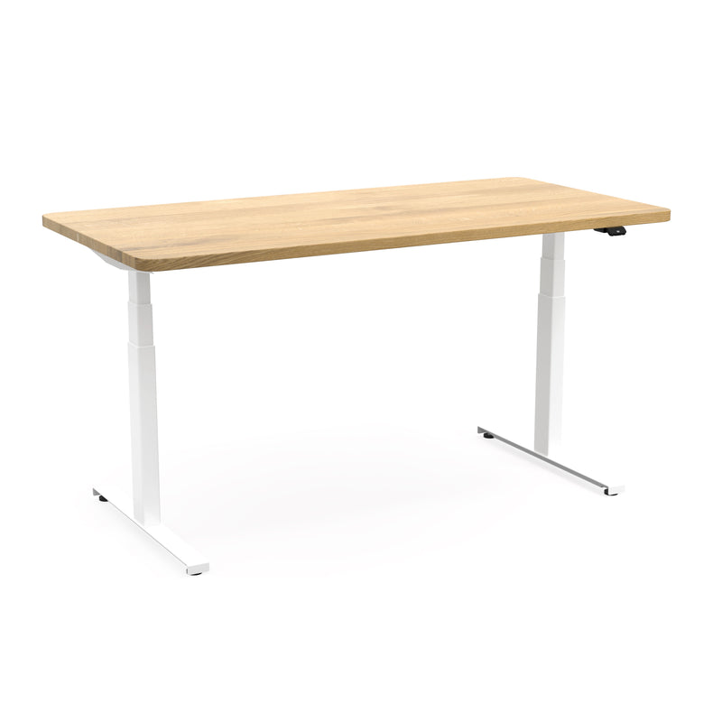 Höhenverstellbarer Schreibtisch eckig in weiß mit Tischplatte aus Eiche