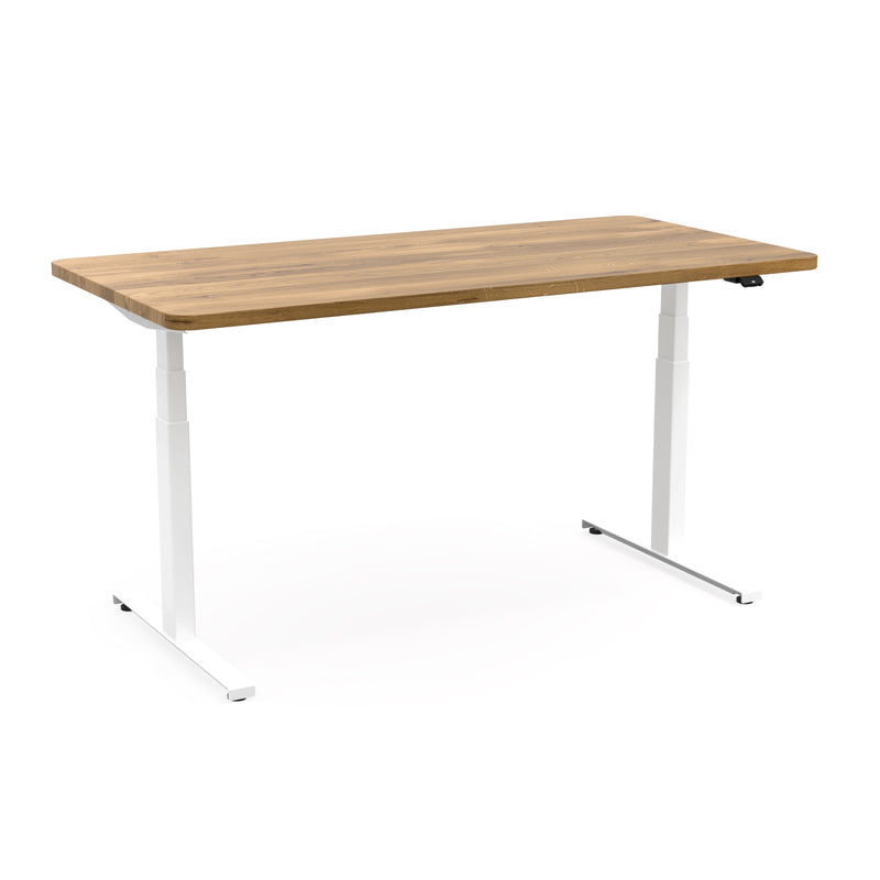 Höhenverstellbarer Schreibtisch eckig in weiß mit Tischplatte aus Wildeiche