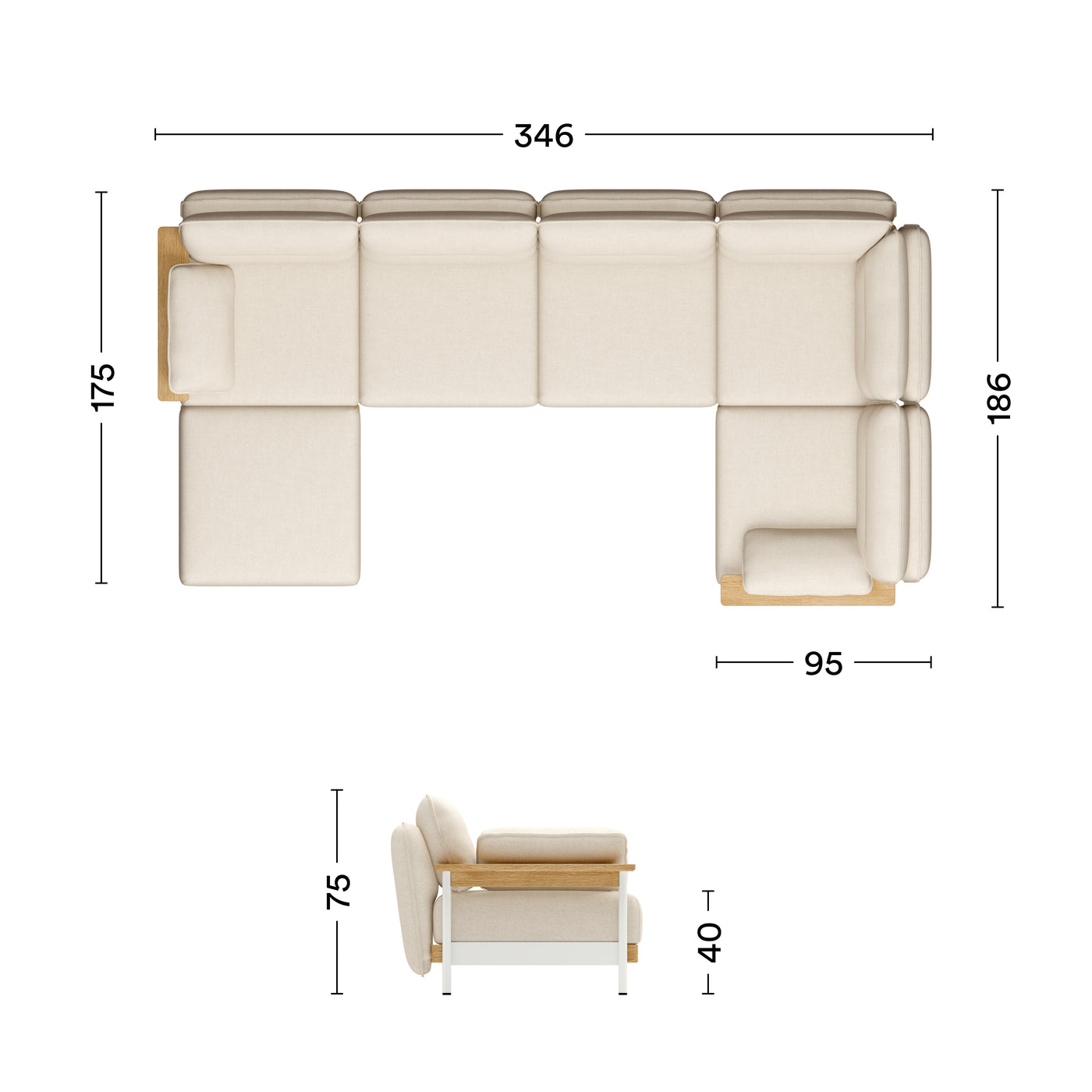 Maße Sofa Mio 5-Sitzer mit Lehne und Chaiselongue