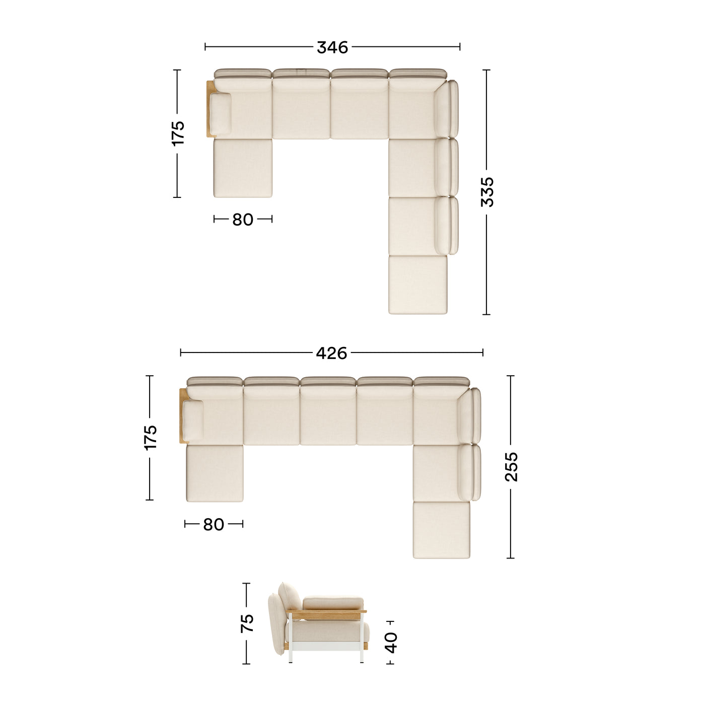 Maße Ecksofa Mio mit 2 Chaiselongue