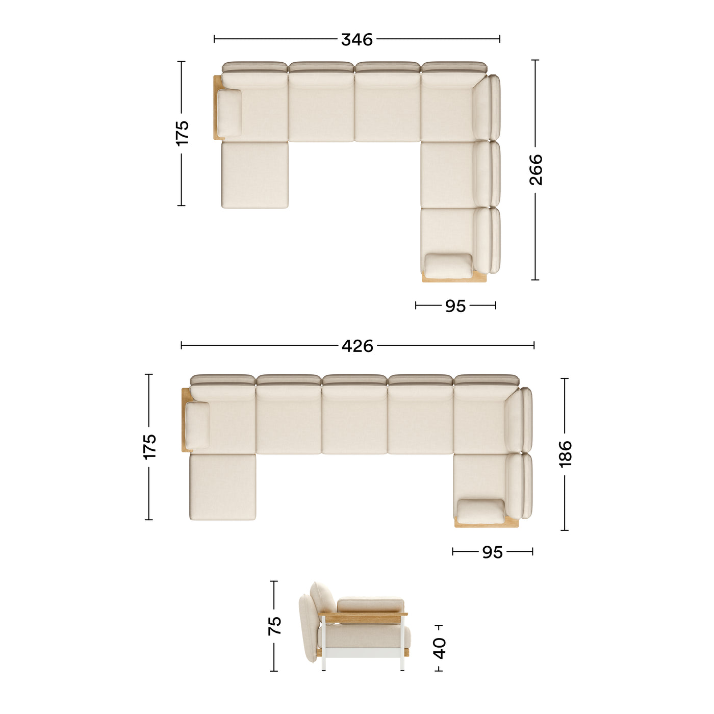Maße Ecksofa Mio Lounge 6-Sitzer mit Chaiselongue
