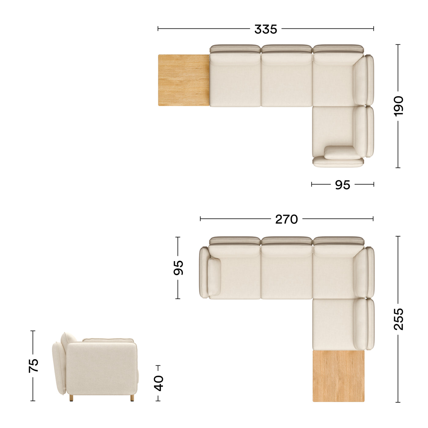 Maße Ecksofa Mio Soft eiche 4-Sitzer mit Tisch