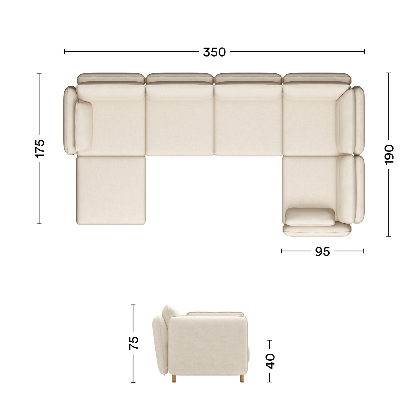 Maße Ecksofa Mio 5-Sitzer mit Chaiselongue und Lehne