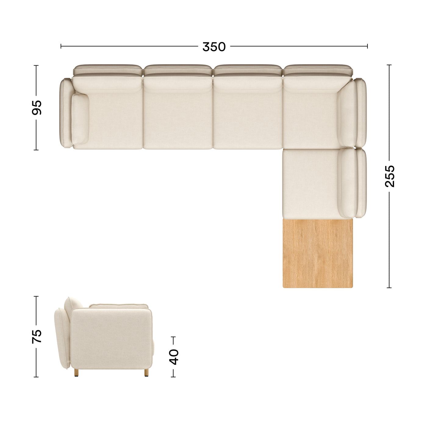 Maße Ecksofa Mio Soft Eiche 5-Sitzer mit Tisch