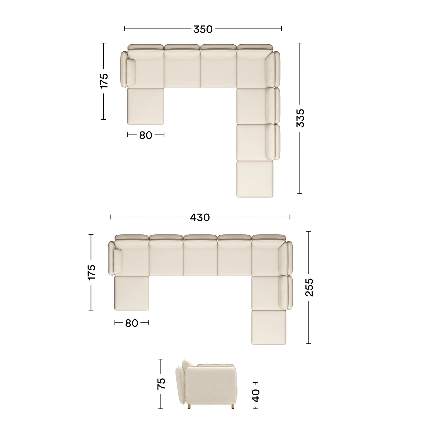 Maße Sofa Mio Soft 6-Sitzer mit 2 Chaiselongues