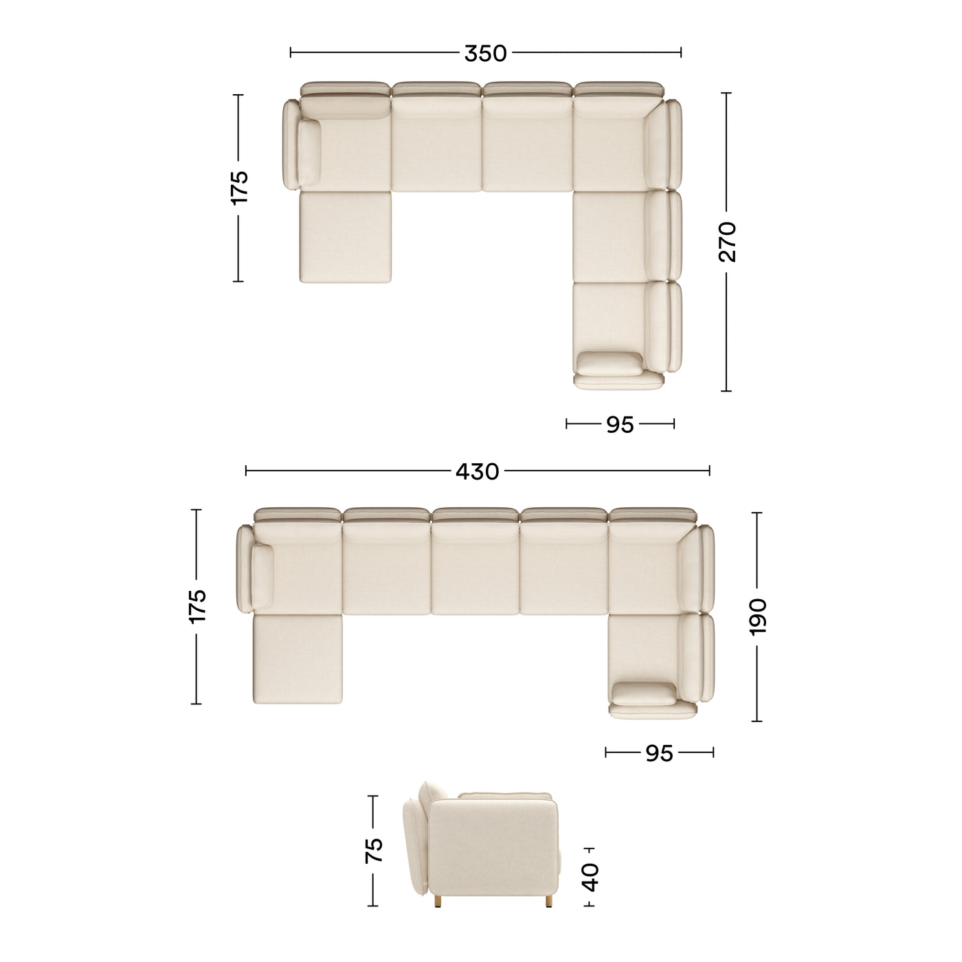 Maße Ecksofa Mio Soft 6-Sitzer mit Chaiselongue
