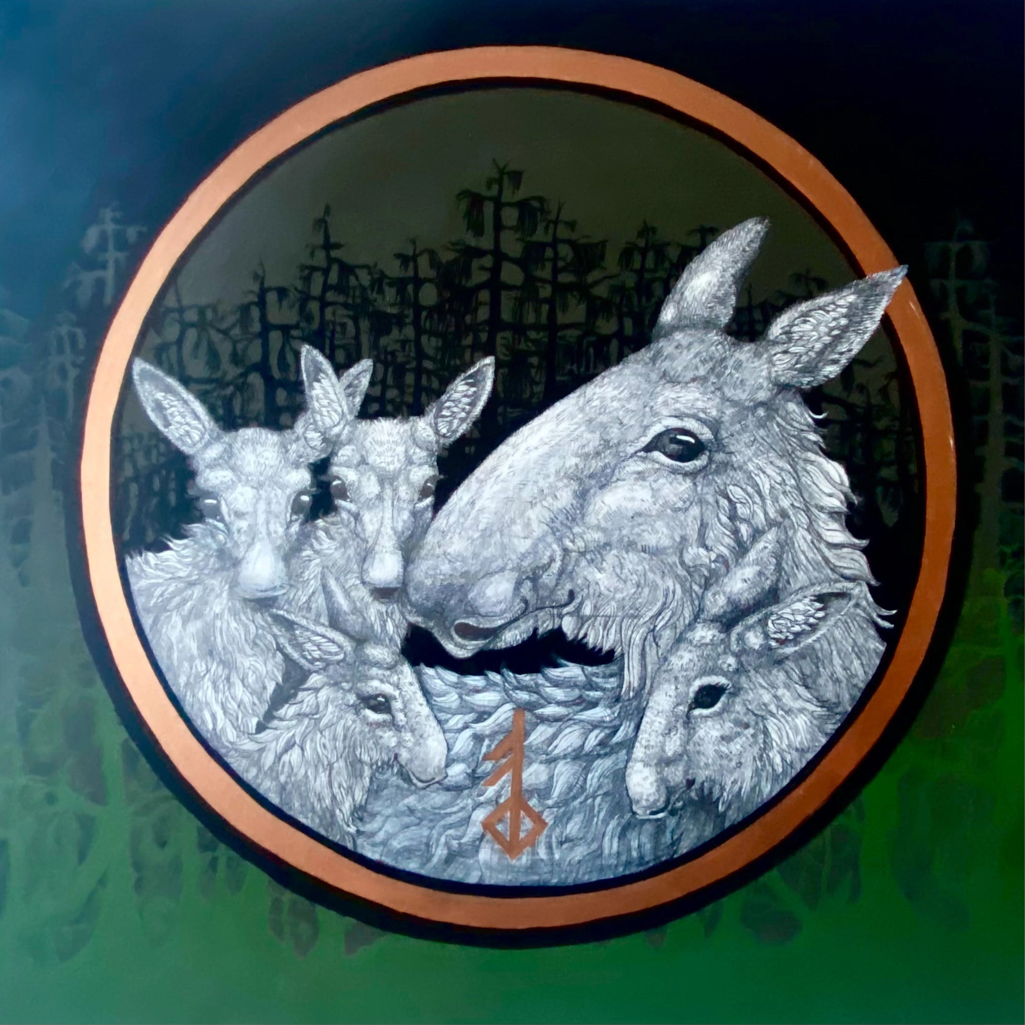 Kunst Elin mit Babys Schwarz Grün mit Wald