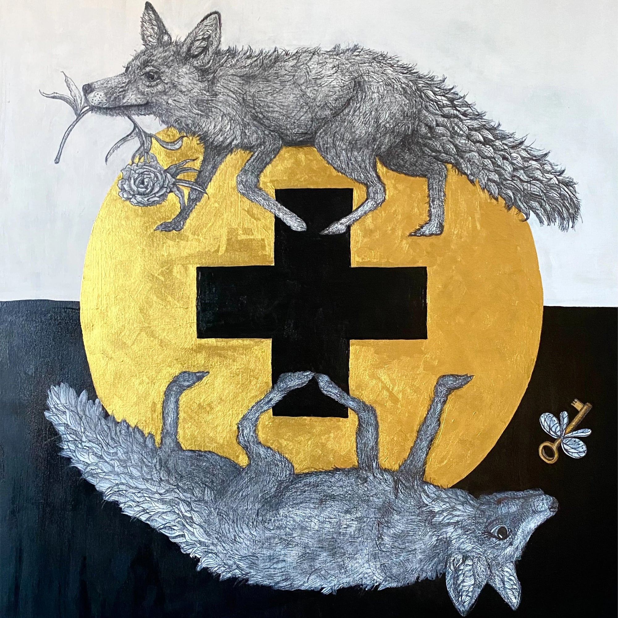 Kunst auf Leiwand in Gold Schwarz und Weiß