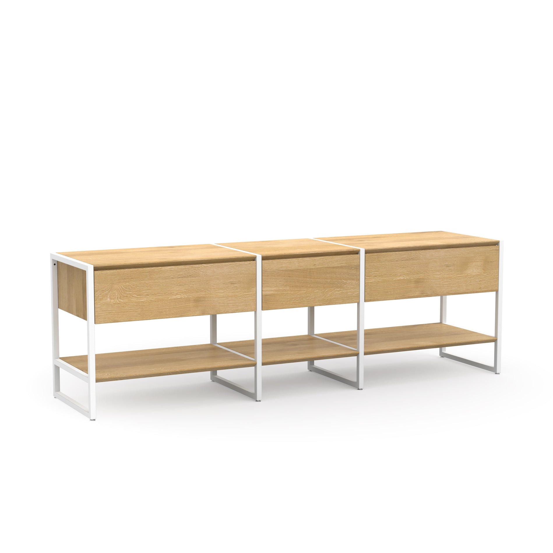 Fernsehboard aus massiver Eiche mit einem schmaleren mittigen Modul, kombiniert mit hochwertigen Metallbeinen und praktischen Schubladen