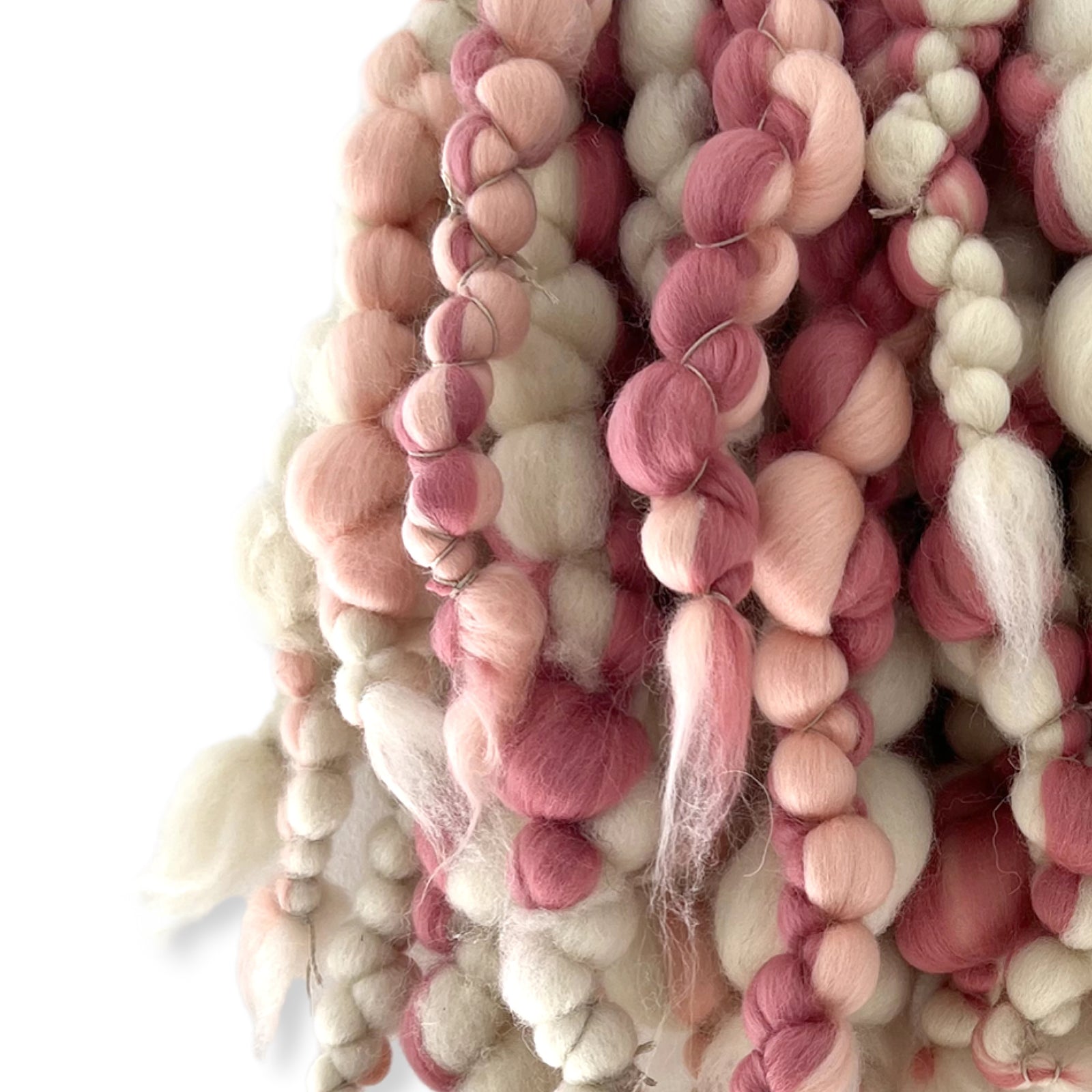 Handgewebtes Kunstwerk aus Merinowolle in Rosa und Weiß