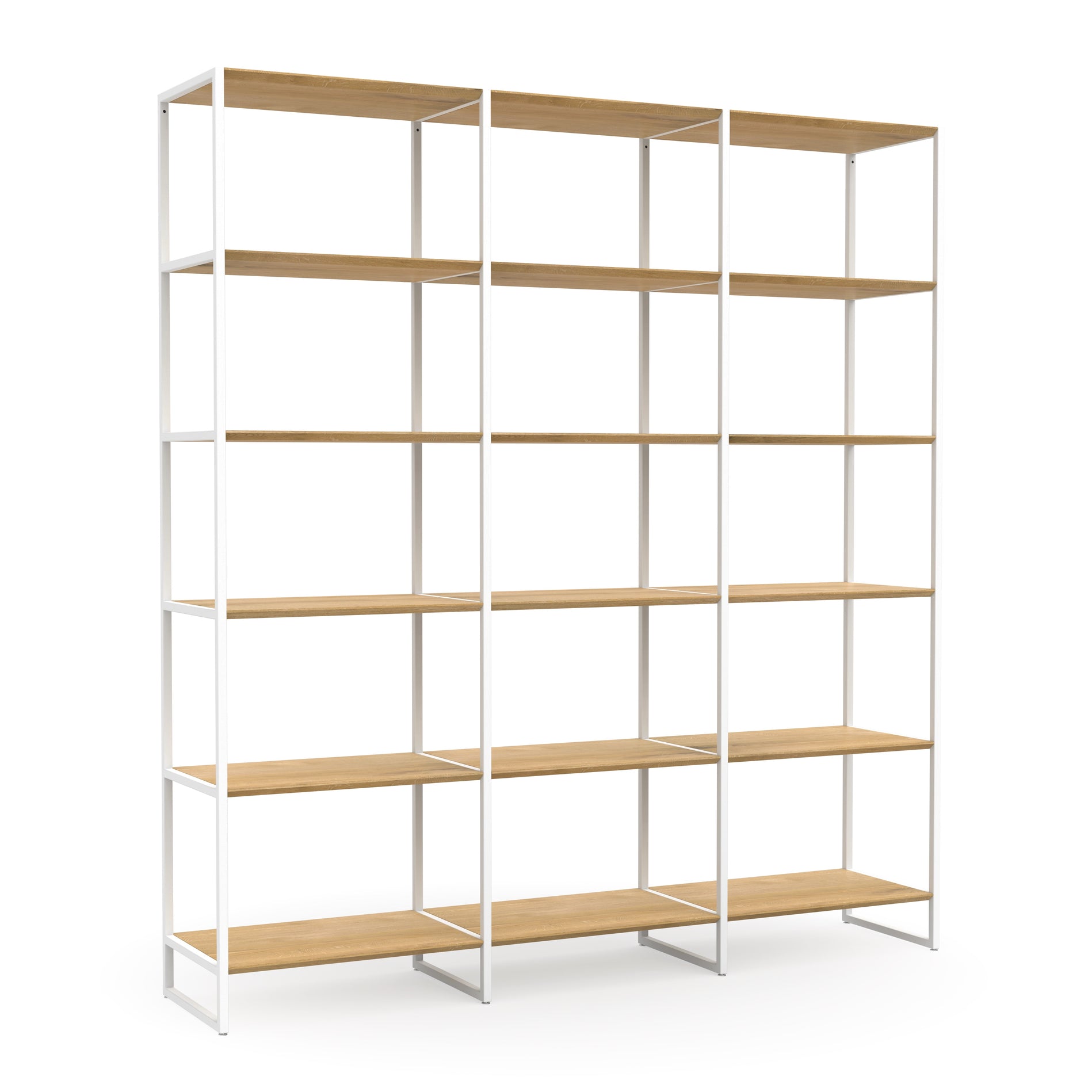 Minimalistisches Regal mit robusten weißen Metallbeinen und naturgeölten Massivholzböden
