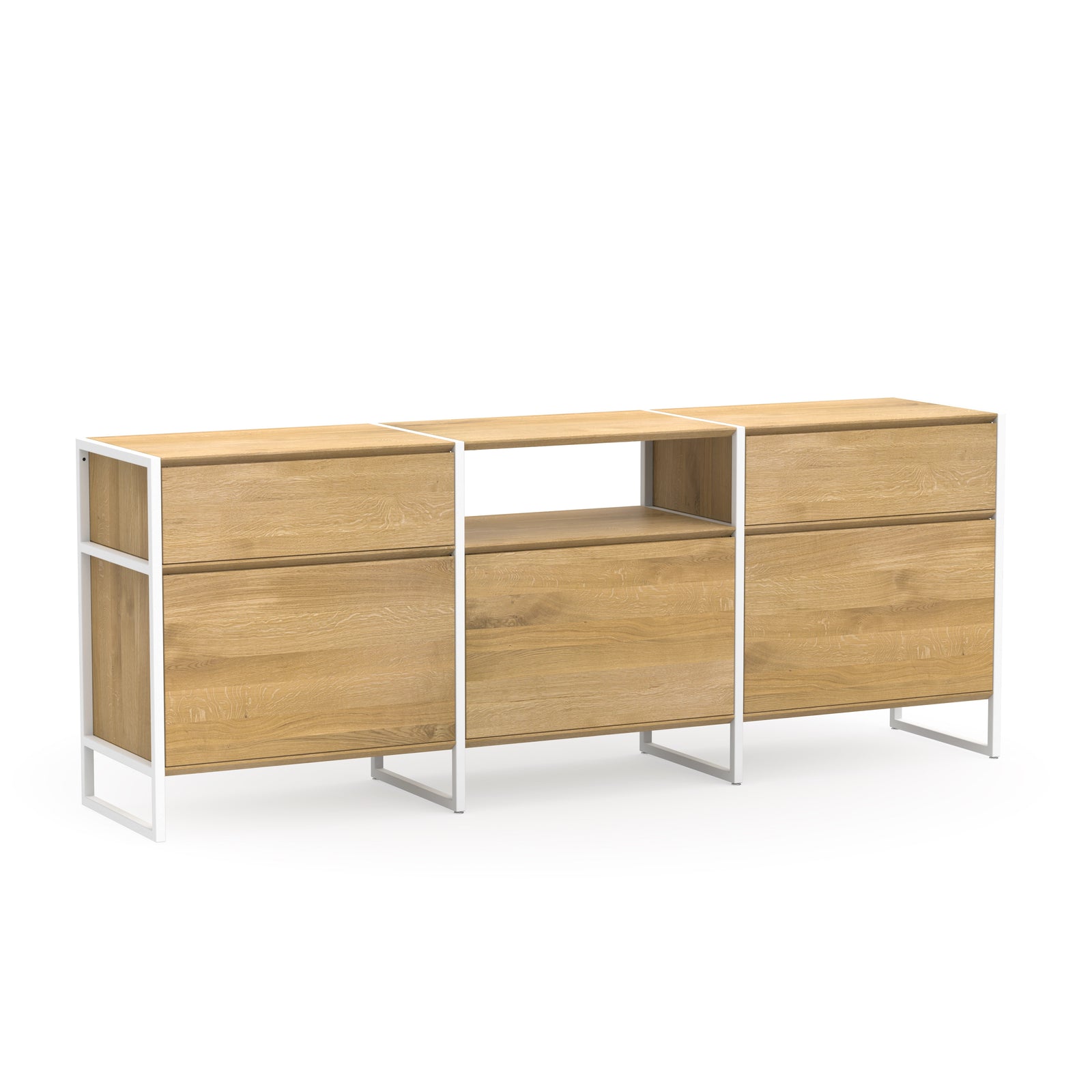 Modulares Design Sideboard aus massivem Eichenholz und weißem Metall mit Türen, Schubladen und Regalbrettern
