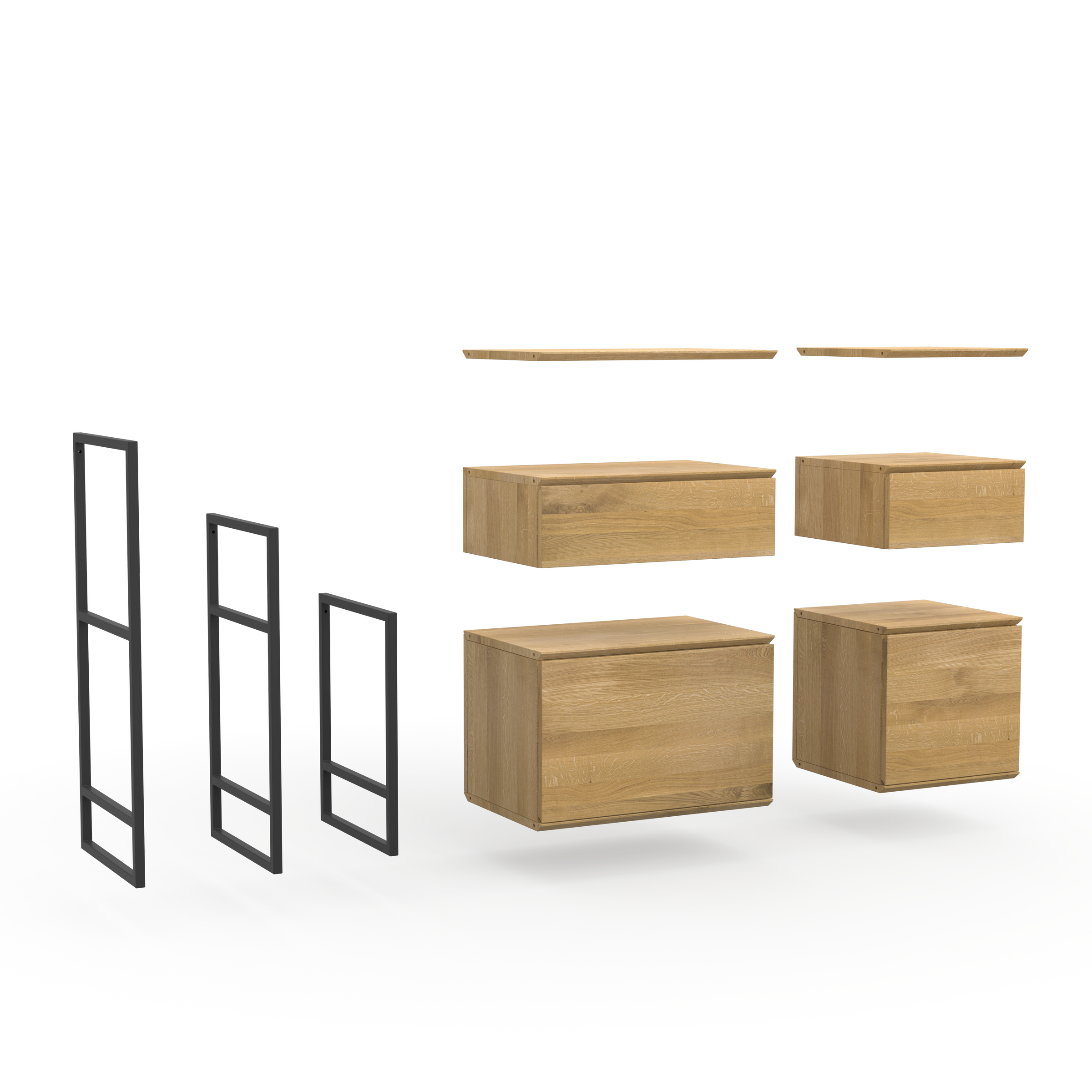 Konfigurierbare Sideboards aus Naturholz mit Regalböden, Schubladen und Türen im schlichten Design und schwarzen Metall Details