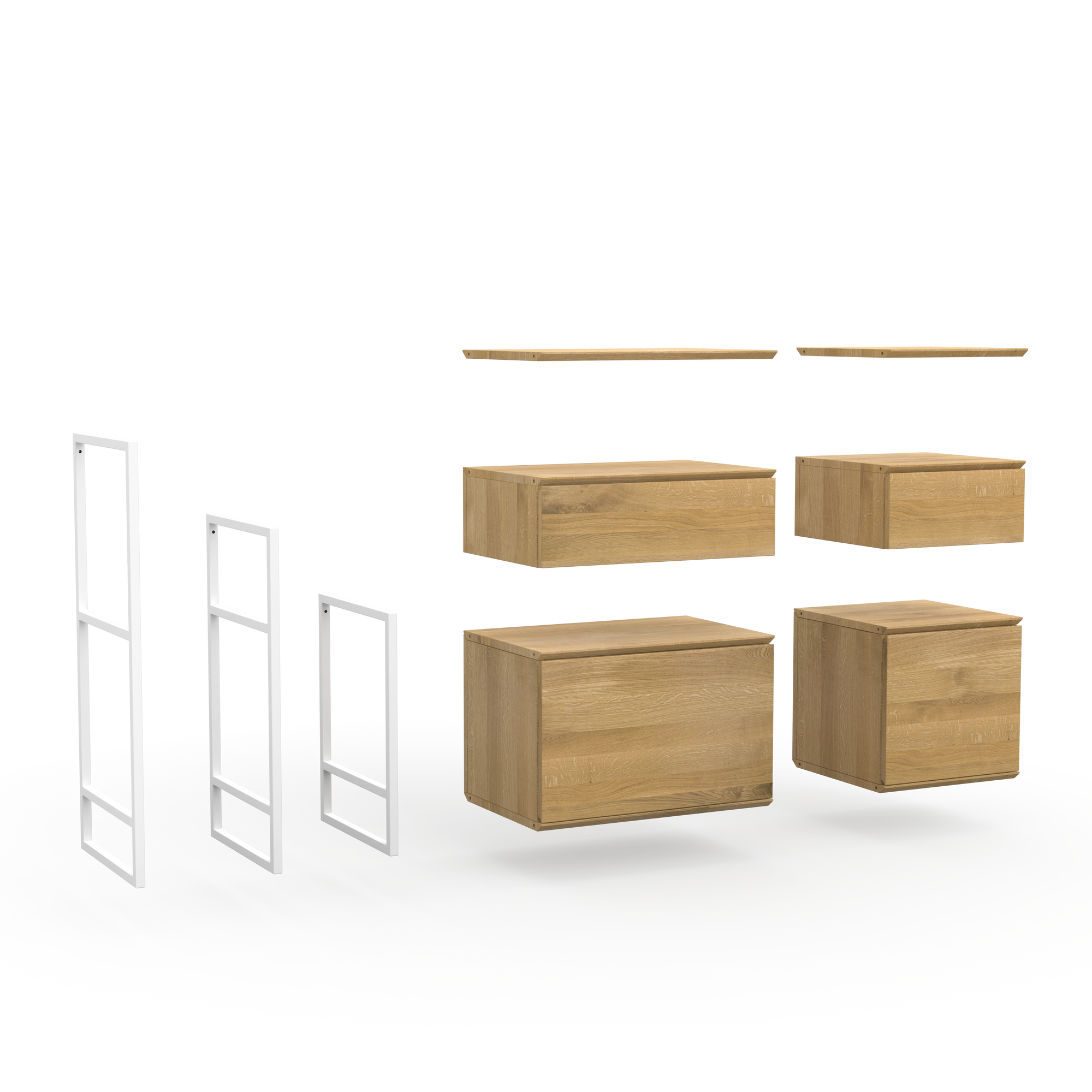 Konfigurierbare Sideboards aus Naturholz mit Regalböden, Schubladen und Türen im schlichten Design und weißen Metall Details