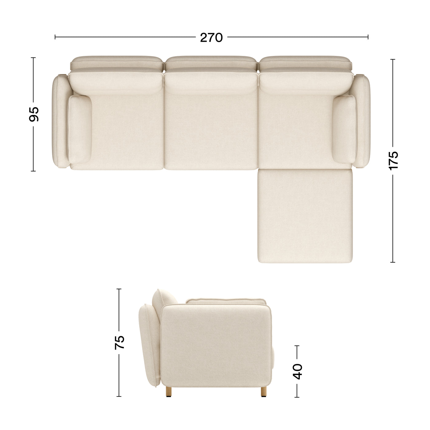 Maße Sofa Mio Soft 3-Sitzer mit Chaiselongue