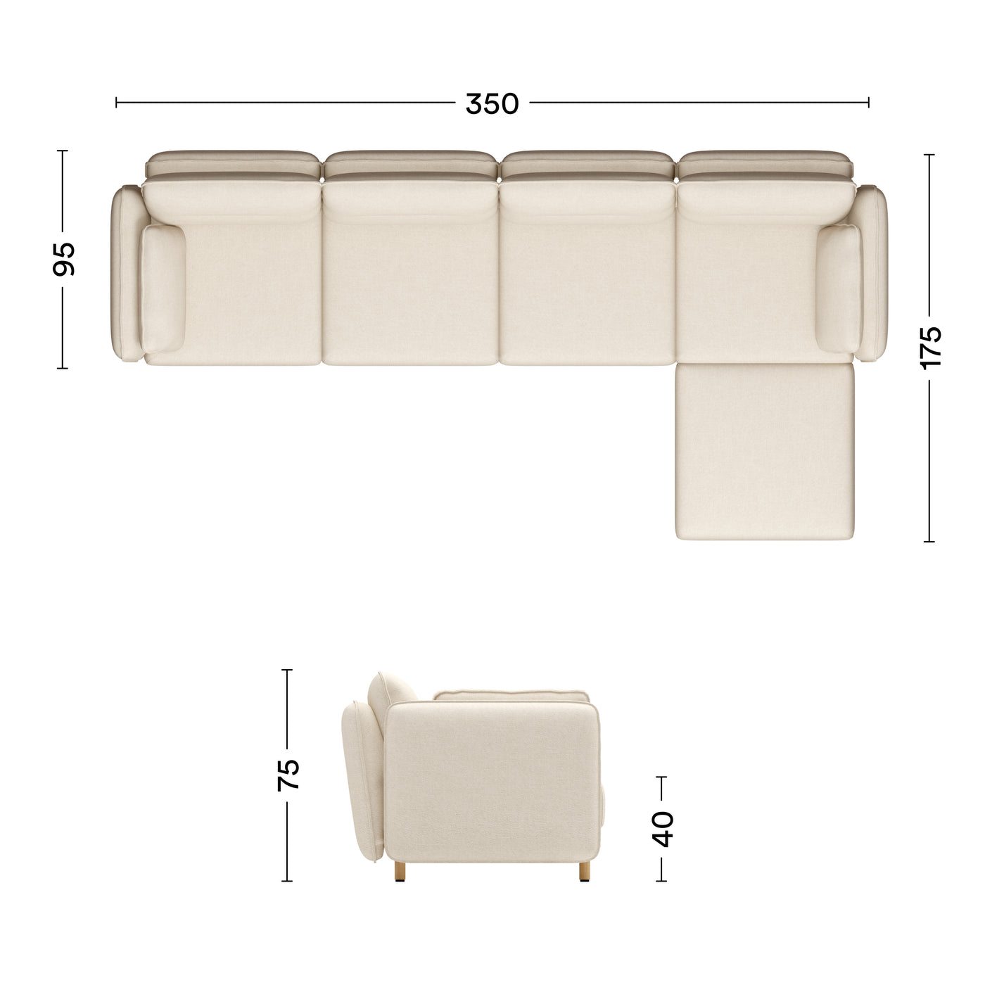Maße Sofa Mio Soft Eiche 4-Sitzer mit Chaiselongue