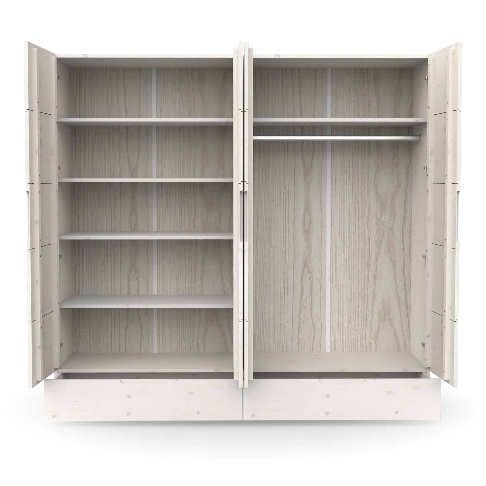 Zeitloser Kleiderschrank mit Brettern, Schubladen und Kleiderstange