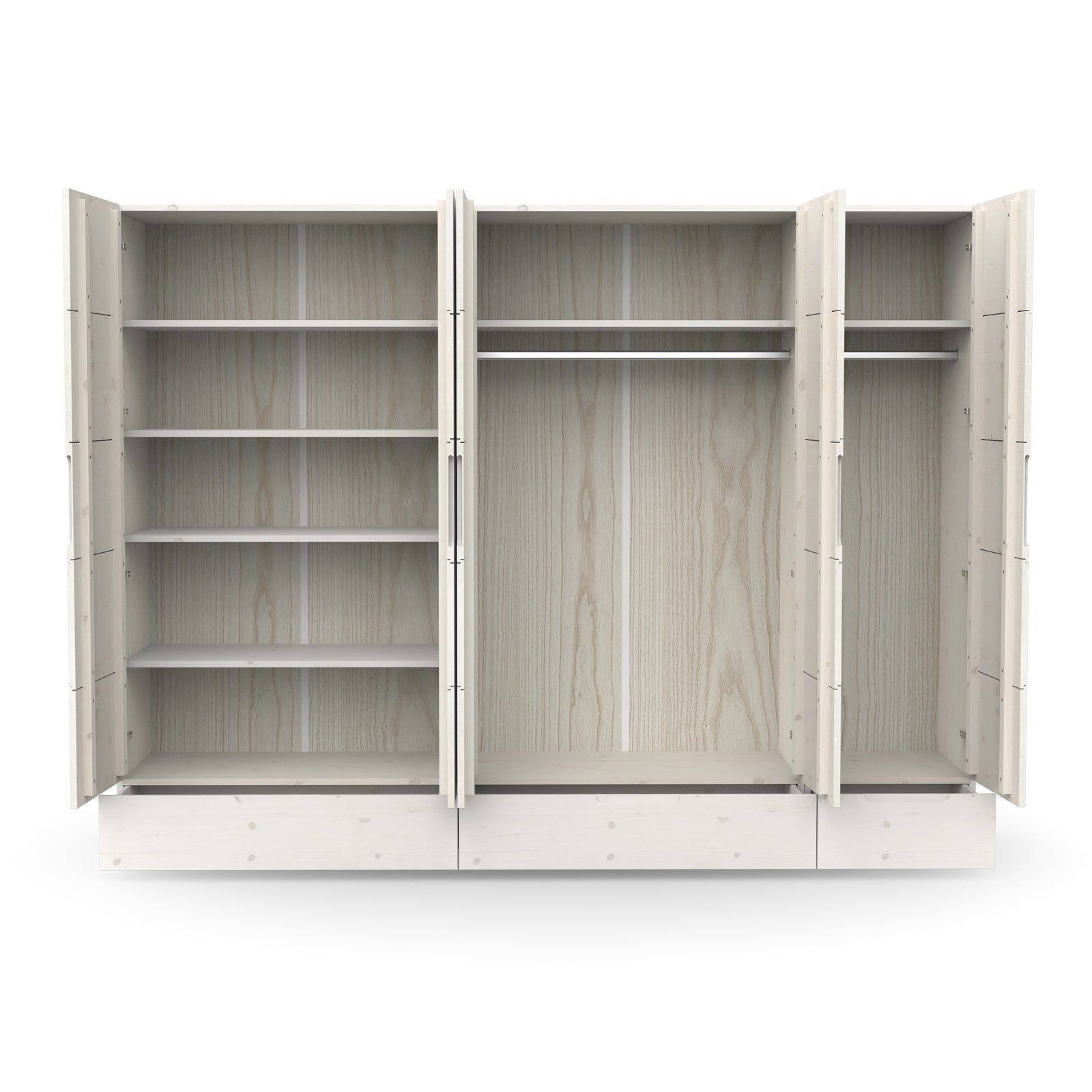 Zeitloser Kleiderschrank mit Brettern, Schubladen und Kleiderstange