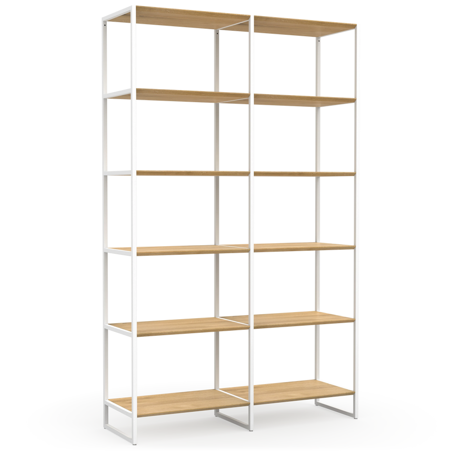 Design Bücherregal aus massiven Eicheholzböden hell geölt und weißem Stahl kombiniert