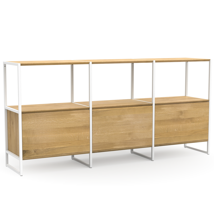 Highboard Wega kombiniert ökologischer Eiche und weiße Metallelemente, individuell gestaltbar durch Tür und Schubladenmodule