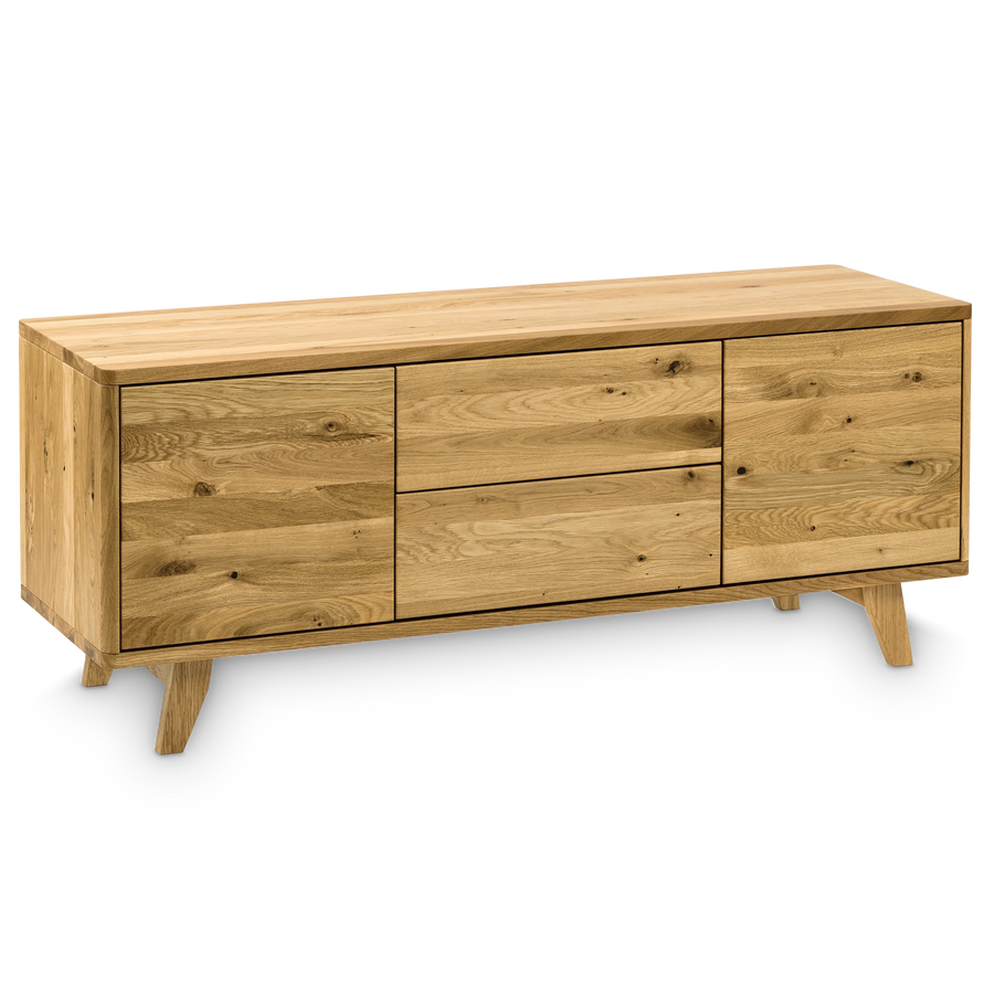 Lowboards aus verschiedenen massiven Hölzern. Modernes Designer Lowboard aus zertifizierter Wildeiche