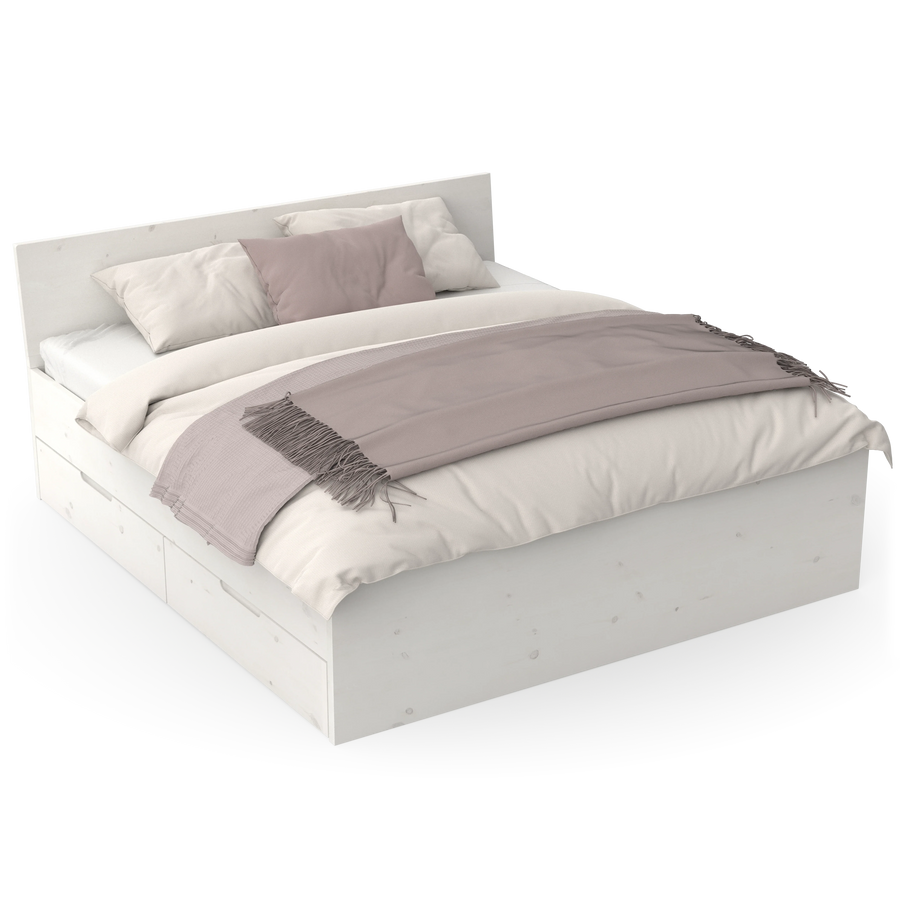 Skandinavisches Design Stauraumbett mit Kopfteil aus weiß lasierter Kiefer