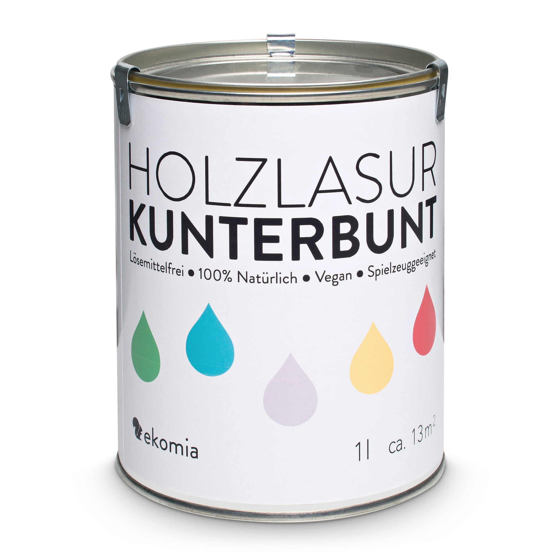 Holzlasur Kunterbunt in den Farben rot, blau, grün, gelb und weiß für Heimwerkarbeiten