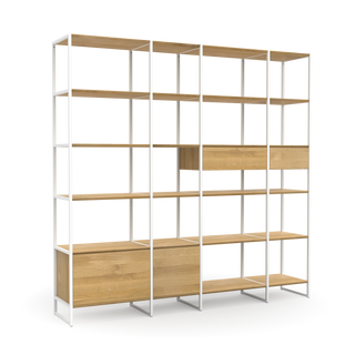 Regalsystem Wega kombiniert ökologischer Eiche und weiße Metallelemente, individuell gestaltbar durch Tür und Schubladenmodule