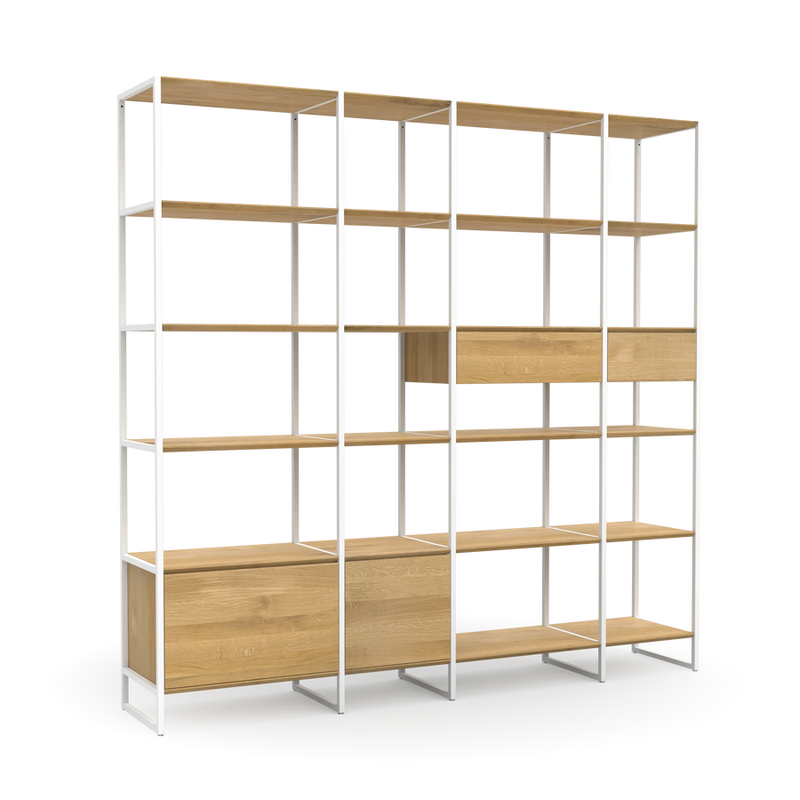 Regalsystem Wega kombiniert ökologischer Eiche und weiße Metallelemente, individuell gestaltbar durch Tür und Schubladenmodule