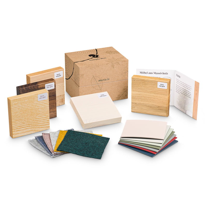 Musterbox ekomia Holzmuster Linoleum Sitzpolster Stoffe Natürlich geölt hell geölt 100% Wolle Naturholz recycelte Wolle Materialbeschreibung 