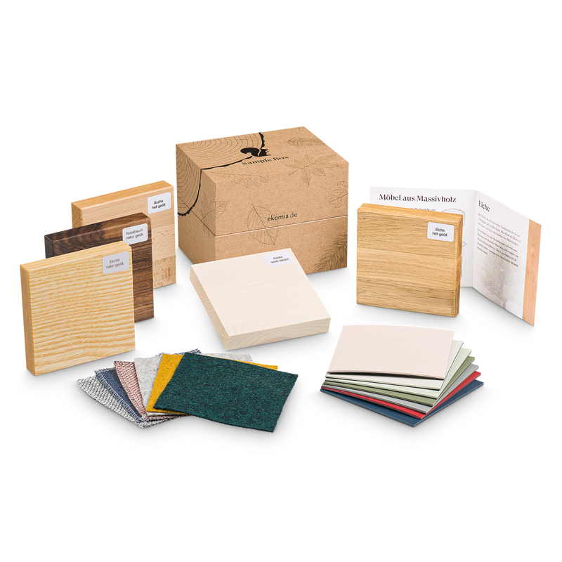 Musterbox ekomia Holzmuster Linoleum Sitzpolster Stoffe Natürlich geölt hell geölt 100% Wolle Naturholz recycelte Wolle Materialbeschreibung 