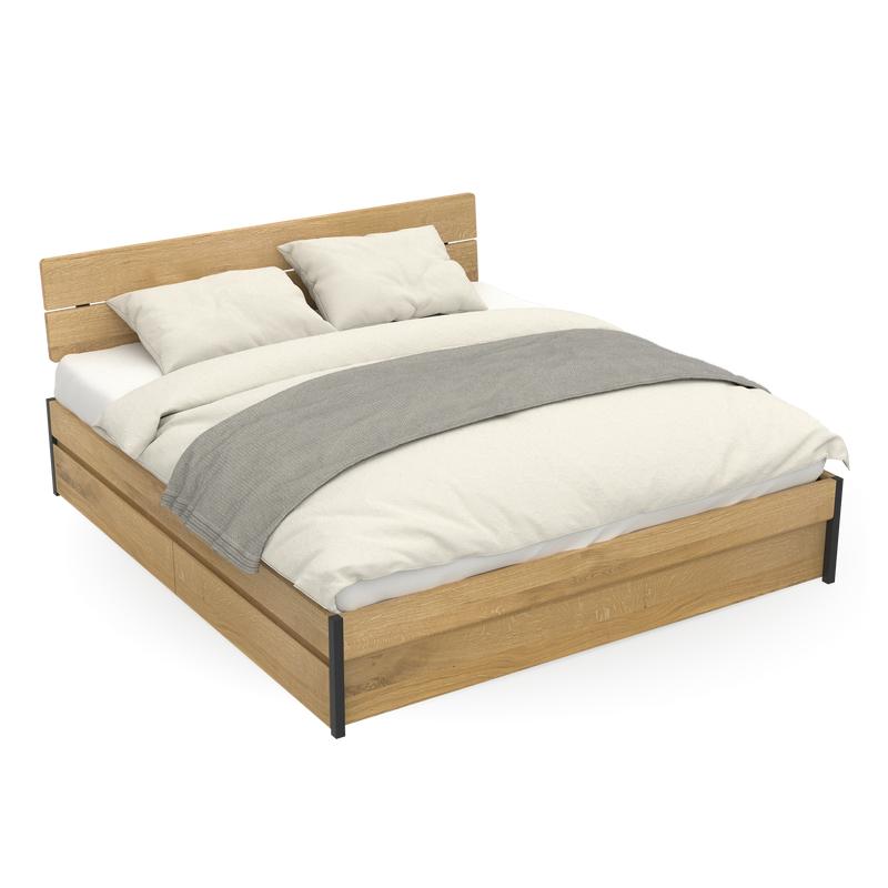 nachhaltiges Bett Luna Storage aus massiven Eichen und Metallfüßen