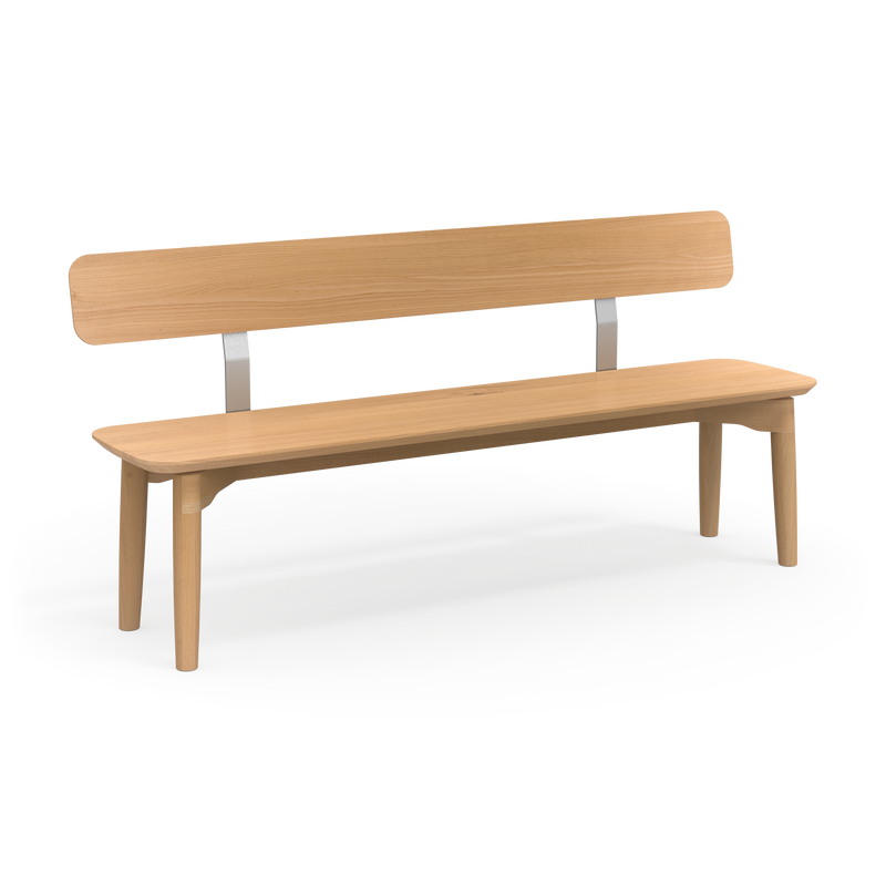 Minimalistische Sitzbank mit Lehne im skandinavischen Design aus massiver Buche mit dezenten Metallelementen