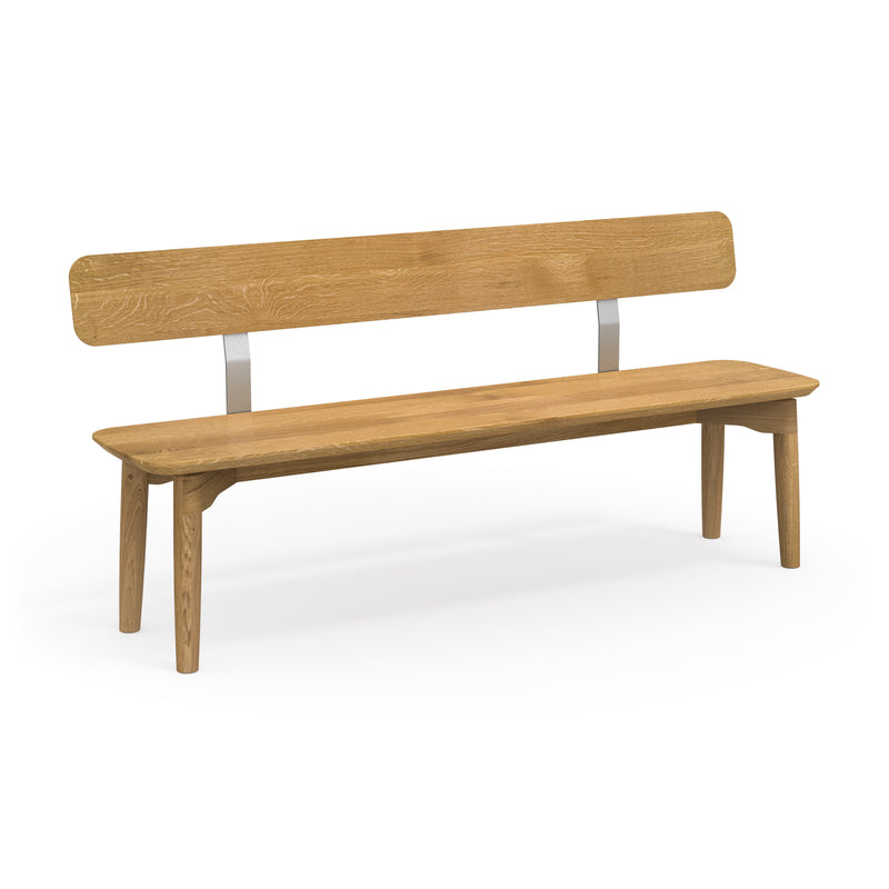 Minimalistische Sitzbank mit Lehne im skandinavischen Design aus massiver Eiche mit dezenten Metallelementen