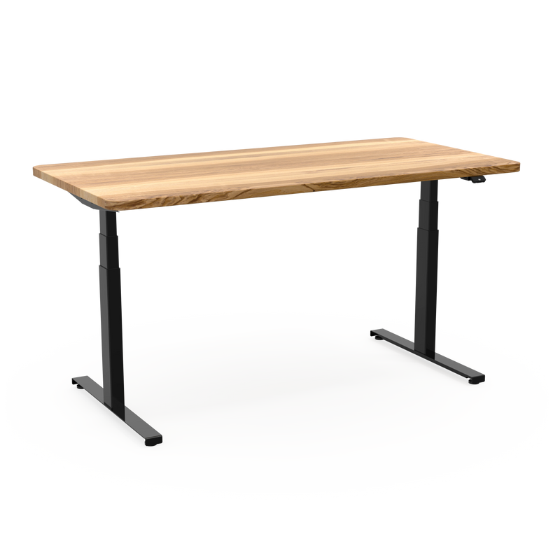 Ergonomischer Schreibtisch mit schwarzen Metallbeinen und flexibler Höhenverstellung, kombiniert mit einer zeitlosen Esche Massivholzplatte
