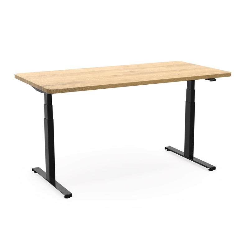 Ergonomischer Schreibtisch mit schwarzen Metallbeinen und flexibler Höhenverstellung, kombiniert mit einer zeitlosen Eiche Massivholzplatte
