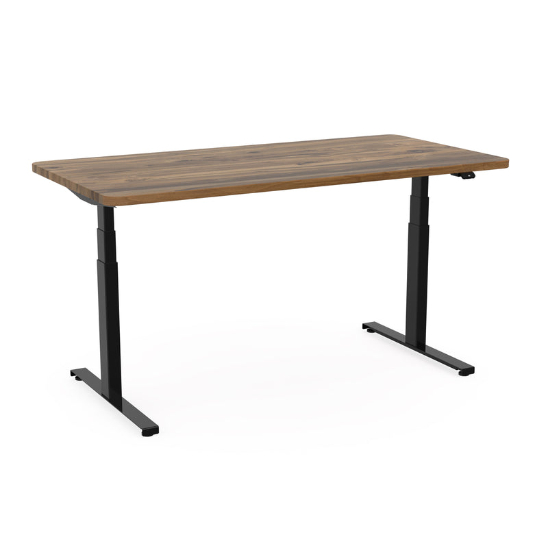 Ergonomischer Schreibtisch mit schwarzen Metallbeinen und flexibler Höhenverstellung, kombiniert mit einer zeitlosen Nussbaum Massivholzplatte
