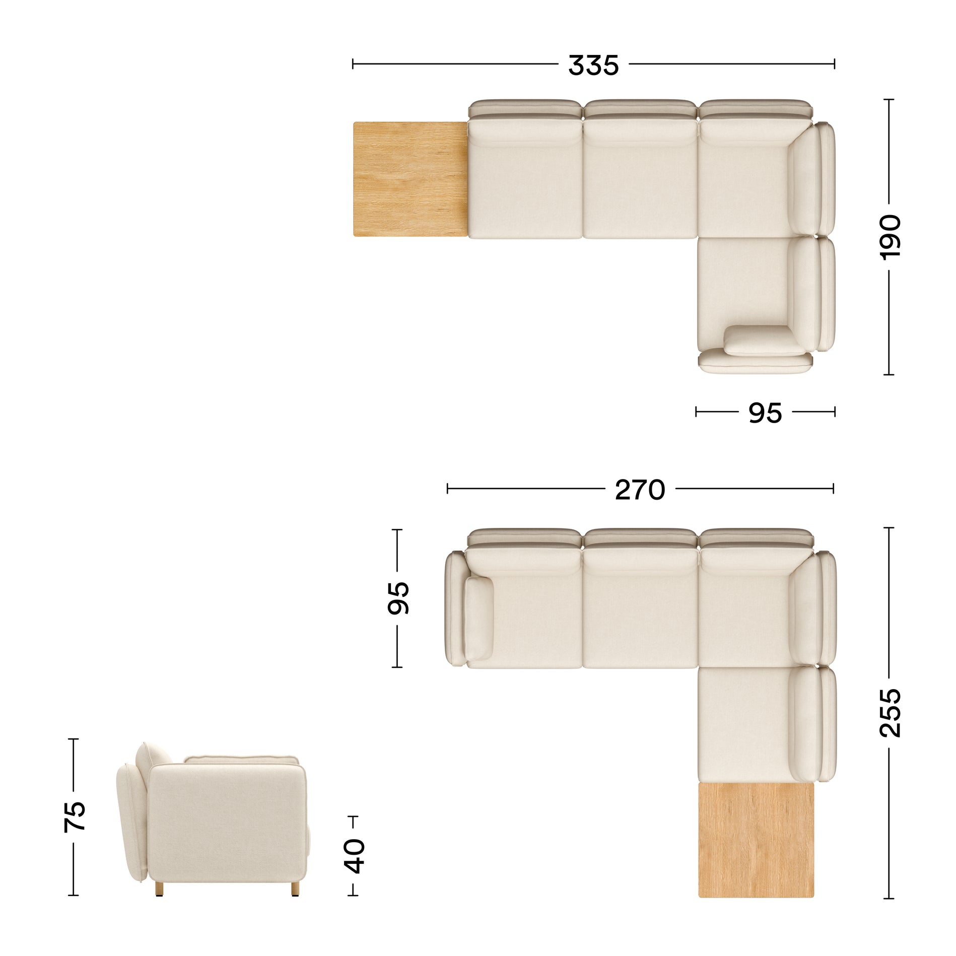 Maße Ecksofa Mio Soft eiche 4-Sitzer mit Tisch