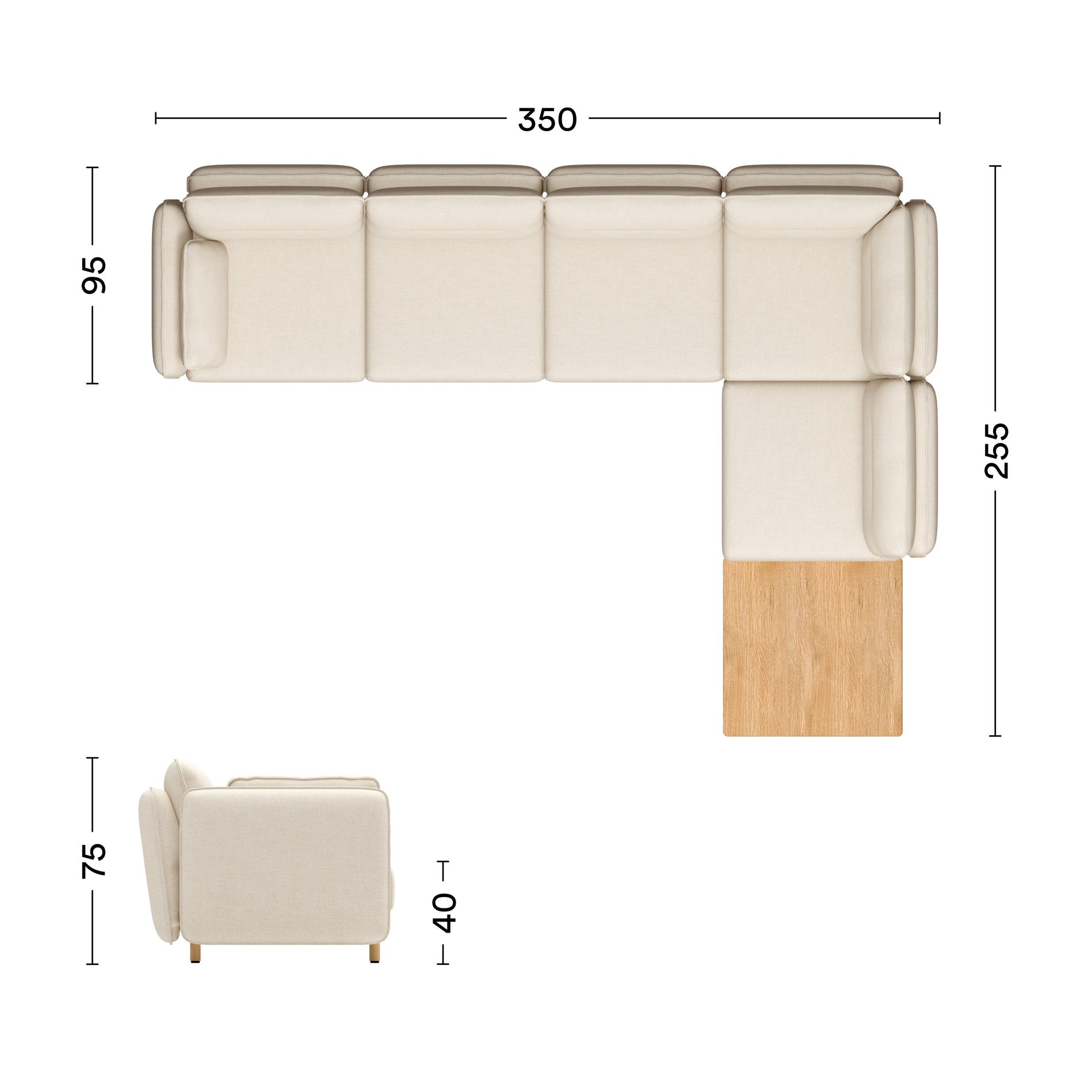 Maße Ecksofa Mio Soft Eiche 5-Sitzer mit Tisch